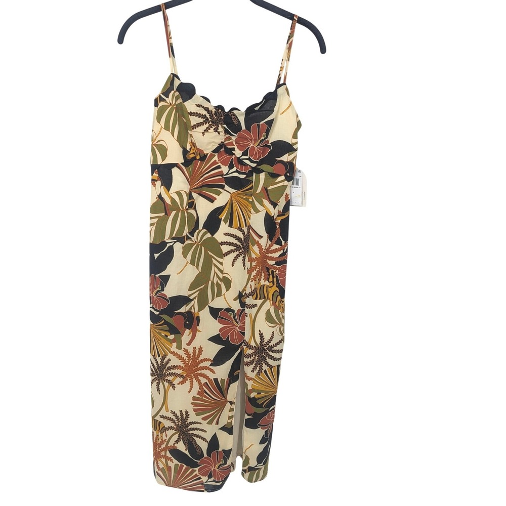 Rowa Tropical Palm Toucan Midi Dress Womens Small‎ Tan Scalloped Neckline NWT